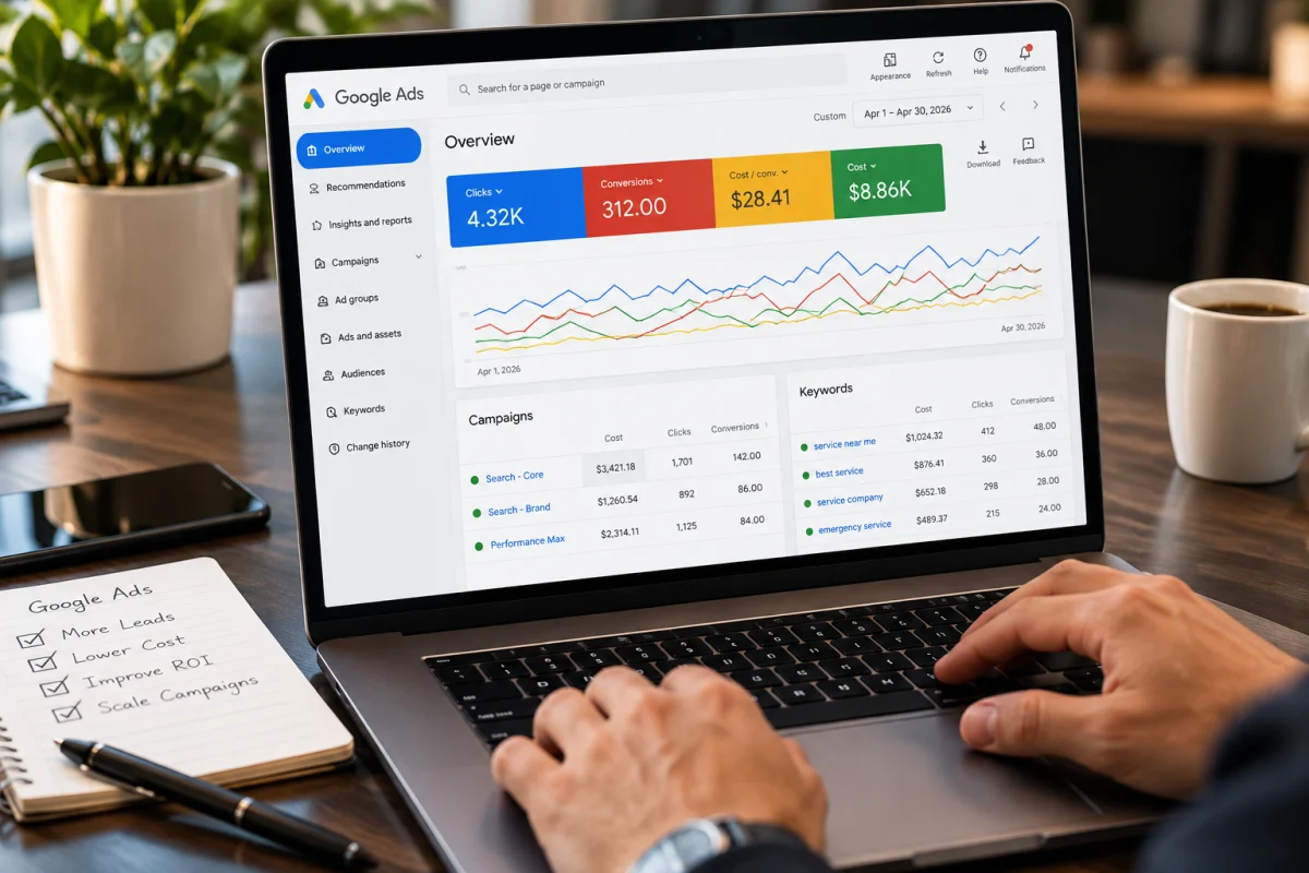 Hands at a laptop displaying an illustrative advertising dashboard