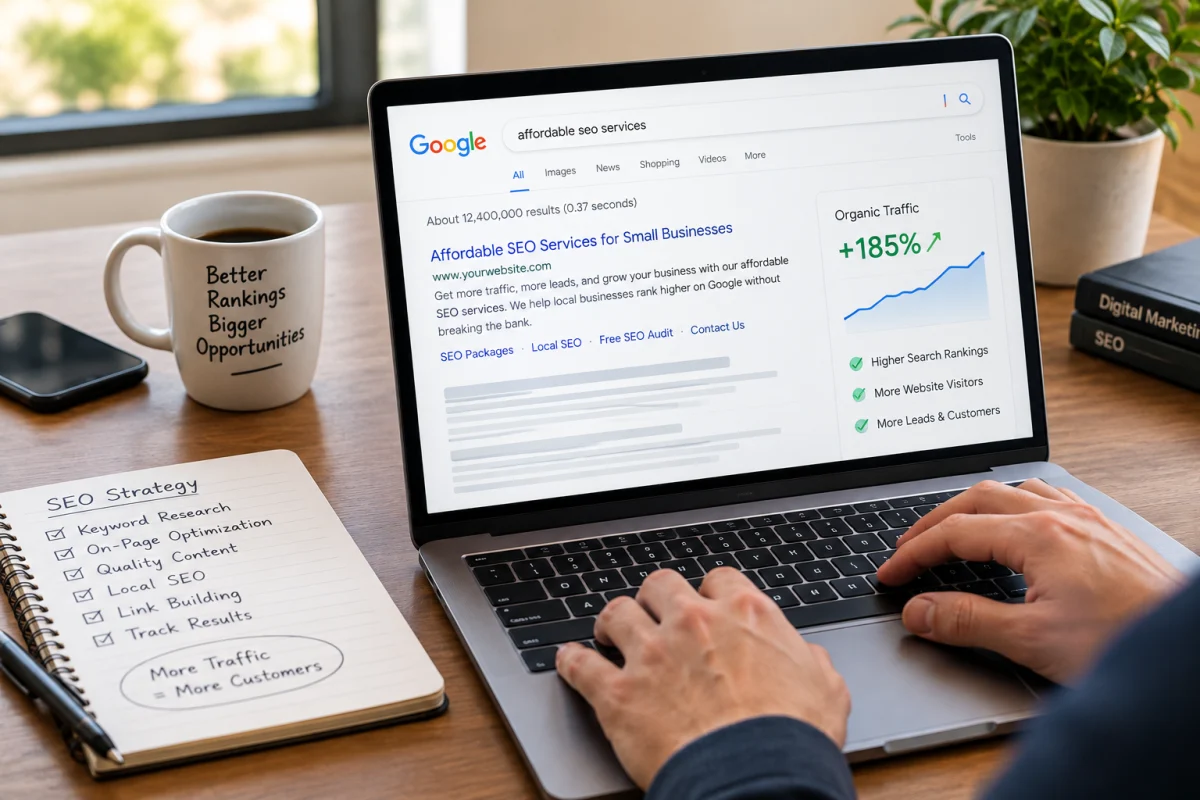 Person reviewing an illustrative search results page and SEO notes on a desk
