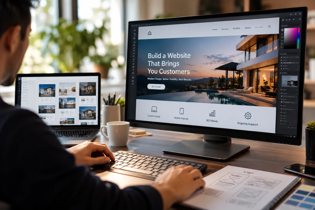 Person working at a desk with a website design open on a large monitor